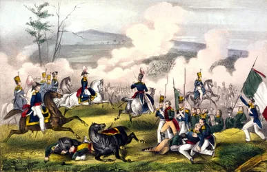 Batalha de Palo Alto: em 08/05/1846 entre 2900 americanos sob o General Taylor e 6000 mexicanos sob o General Arista. Gravura do século XIX.