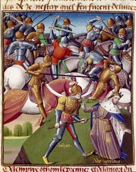 Batalha dos soldados do Imperador Othon I (Otton ou Oton I, 912-973). Miniatura em "Le miroir historial" (Speculum Historiale) de Vincent de Beauvais (1190-1264) traduzido para o francês por Jean de Vignay