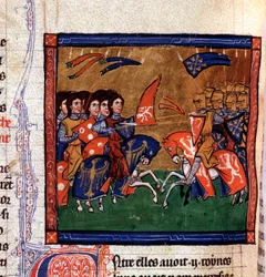 Batalha de guerreiros a cavalo contra Amazonas Miniatura do manuscrito "História Antiga a César", de São João do Acre