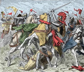 Batalha no Elster: Rudolf da Suábia Mortally Wounded - Revolta dos Saxões (1073-1075): Rodolfo de Rheinfelden (ca. 1025-1080), Duque da Suábia e anti-romanos é ferido fatalmente numa batalha perto do Elster, contra as tropas de Henrique IV de