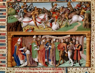 Cena de batalha e coroação do imperador Lotário II de Supplinburgo (ou Lotário III do Sacro Império, imperador do Sacro Império Romano-Germânico) (1075-1137). Miniatura em «Le Miroir historial» (Speculum Historiale) (ms. 1196, fól. 245r) de Vicente de