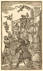 Eis Vanity Fair! Os peregrinos progridem deste mundo para o que está por vir John Bunyan (1628-1688) Christian entra na cidade de Vanity Fair e vê seus companheiros peregrinos acorrentados.