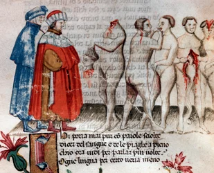 Bertrand de Born segura sua cabeça decapitada (canção 28 do Inferno, na Divina Comédia) - miniatura do século XV,