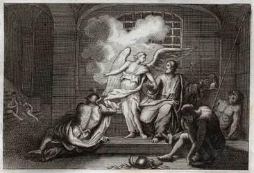 Bíblia de Royaumont, Novo Testamento: São Pedro Delivre de prisão. São Pedro é libertado da prisão durante a noite por um Anjo. Ilustração de 1811.