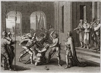 Bíblia de Royaumont, Velho Testamento: Agag salva. Saul salvou, contra a ordem de Deus, Agag Rei dos Amalecitas. Deus o faz testemunha de sua ira por Samuel, que reparou a culpa de Saul ao matar Agag. Ilustração de 1811.