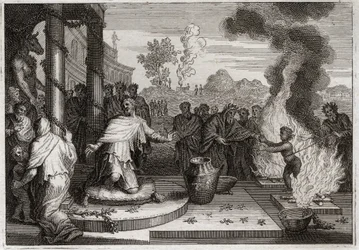 Bíblia de Royaumont, Velho Testamento: Ahaz Unholy King. O perverso Acaz, Rei de Judá, irrita a Deus, e é entregue aos inimigos. Ilustração de 1811.