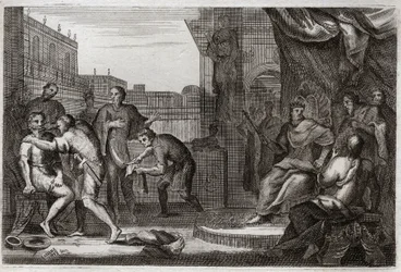 Bíblia de Royaumont, Velho Testamento: Embaixadores de David. Davi enviou Joabe contra os amonitas para se vingar do insulto que Hanon, seu príncipe, havia feito aos seus embaixadores, que ele havia tomado por espiões. Ilustração de 1811.