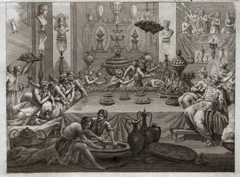 Bíblia de Royaumont, Velho Testamento: Balthazar condena. O rei Baltazar (Belshatsar) na mesa vê uma mão que em três palavras escreve o final de sua sentença. Ilustração de 1811.