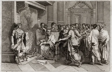 Bíblia de Royaumont, Velho Testamento: O profeta Baruch. O rei Joaquim (Joacim, Joaquim, Jeconomias) corta o pergaminho contendo as profecias de Jeremias transcritas por seu discípulo Baruque (Baruque ben Néria) e o joga no fogo. Ilustração de 1811.