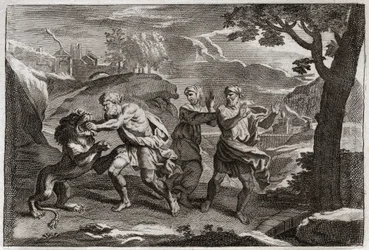 Bíblia de Royaumont, Velho Testamento: Nascimento de Sansão. Sansão faz um leão em pedaços. Ilustração de 1811.