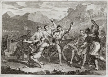 Bíblia de Royaumont, Velho Testamento: Lapídio Blasfemador. Deus faz da pedra um blasfemador do seu santo nome, e outro que violou o santo Shabat (Shabat, Sábado, Sábado, Sábado, Sábado), juntando algumas palhinhas no campo. Ilustração de 1811.