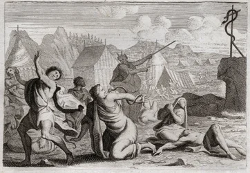 Bíblia de Royaumont, Velho Testamento: Brasen Snake. O povo murmura contra Deus e contra Moisés, é punido com serpentes de fogo, das quais foi ferido por uma serpente de descaramento, que Moisés havia criado para ser vista por todo o povo. Ilustração