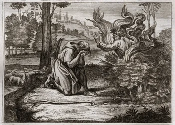 Bíblia de Royaumont, Velho Testamento: Arbusto Ardente. Deus fala a Moisés do meio de um arbusto em chamas. Ilustração de 1811.
