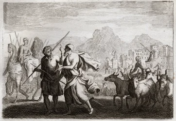 Bíblia de Royaumont, Velho Testamento: Chamada de Abraão. Deus chama Abraão, e lhe ordena que abandone a terra dos caldeus para vir a uma terra que ele prometeu dar-lhe. Ilustração de 1811.