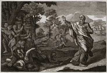 Bíblia de Royaumont, Velho Testamento: As crianças devoram os ursos. As crianças que gozam com a calvície de Eliseu são dilaceradas pelos ursos. Ilustração de 1811.