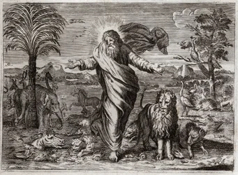 Bíblia de Royaumont, Velho Testamento: A Criação do Mundo. Deus arrasta o Céu e a Terra do nada, e em seis dias adorna-a e ao povo de Criaturas de todo tipo. Ilustração de 1811.