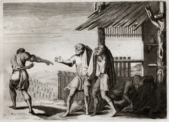 Bíblia de Royaumont, Velho Testamento: Maldito Cham de seu Pai (Noe drunkenness). Cham, o segundo dos filhos de Noé, vê seu pai em uma postura indecente, não se importa, e é amaldiçoado por ele. Ilustração de 1811.