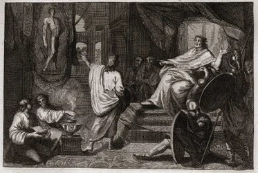 Bíblia de Royaumont, Velho Testamento: Daniel profeta. O profeta Daniel revela ao rei Nabucodonosor II um sonho que ele teve, e explica a ele o que ele quis dizer. Ilustração de 1811.