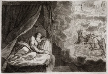 Bíblia de Royaumont, Velho Testamento: A visão de Daniel sobre as quatro Monarquias de Assírios, Persas, Gregos e Romanos. Eles vêem quatro monstros: Haniel, Kafziel, Azriel, Aniel. Ilustração de 1811.