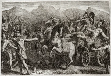 Bíblia de Royaumont, Velho Testamento: Morte de Ahab. Ahab (Akhab) fez guerra contra a Síria, e foi morto com uma flecha aleatória. Ilustração de 1811.