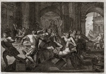 Bíblia de Royaumont, Velho Testamento: Morte de Amnon. Absalão (ou Avshalom, Absalão) sendo reconciliado com Davi faz seu irmão Amnon (Ammon) fugir para uma festa. Davi é forçado a fugir de Jerusalém, e sofre esta perseguição com uma paciência maravilhosa.