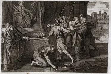 Bíblia de Royaumont, Velho Testamento: Morte de Eleazar. O velho santo Eleazar foi morto por ordem de Antiochos IV Epifânio (175-164 a.C.), porque ele não queria fingir comer carnes defendidas. Ilustração de 1811.