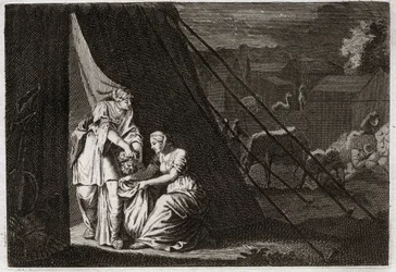 Bíblia de Royaumont, Velho Testamento: Morte de Holoferne. Judith corta a cabeça de Holoferne, ajudada pela empregada Abra, e a bêbada Bethulie. Ilustração de 1811.