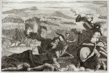 Bíblia de Royaumont, Velho Testamento: Morte de Judas. Derrota de Demetrios I Soter e Nicanor. Morte de Judas Machabee (Maccabee, Macabee) em batalha. Ilustração de 1811.