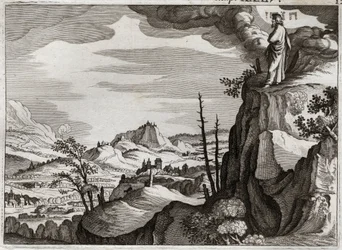 Bíblia de Royaumont, Velho Testamento: Morte de Moisés. Deus mostra a Moisés a terra da terra de Canaã do alto do Monte Nebo, onde ele morre, sem qualquer conhecimento de onde seu corpo estava. Ilustração de 1811.