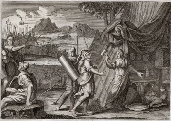 Bíblia de Royaumont, Antigo Testamento: morte de Sísera. Jael mata o chefe do exército cananeu Sisra (Sísera ou Sisara). Ilustração de 1811.