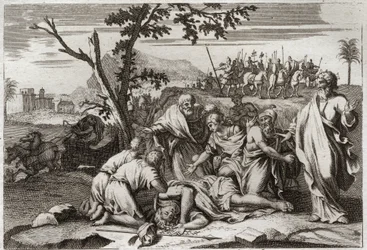 Bíblia de Royaumont, Velho Testamento: Morte do perverso Antioquia. A terrível morte do rei Antíoco IV Epifânio (175-164 a.C.) após a queda de um cavalo. Ilustração de 1811.