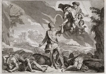 Bíblia de Royaumont, Velho Testamento: A derrota dos filisteus. Sansão mata mil filisteus com a mandíbula de um burro. Deus faz a água fluir da mandíbula para que Sansão possa saciar a sua sede. Ilustração de 1811.