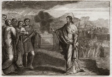 Bíblia de Royaumont, Velho Testamento: A derrota dos filisteus. Samuel oferece um holocausto a Deus. Então os judeus defendem os filisteus. Ilustração de 1811.
