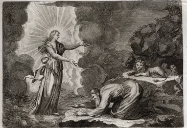 Bíblia de Royaumont, Velho Testamento: Delivrance de Daniel. Daniel, na cova dos leões, está milagrosamente bêbado. Ilustração de 1811.