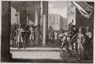 Bíblia de Royaumont, Velho Testamento: Dinah saiu por curiosidade para ver as mulheres de Siquém (ou Siquém), e o Rei daquela cidade tinha feito dele violência, os seus irmãos vingaram-se e mataram todo o povo de Siquém com o Rei. Ilustração de 1811.