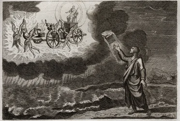 Bíblia de Royaumont, Antigo Testamento: o profeta Ezequiel. O santo profeta teve uma visão em que o Senhor lhe apareceu num carro transportado por quatro querubins (tetramorfo). Ilustração de 1811.