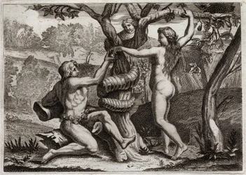 Bíblia de Royaumont, Velho Testamento: A queda de Adão. O demônio sob a face de uma cobra fala com Eva, e a tenda para comer frutas proibidas: Eva cai e também provoca a queda de Adão. Ilustração de 1811.