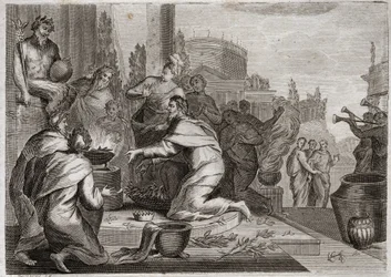 Bíblia de Royaumont, Velho Testamento: Queda de Salomão. Salomão é corrompido por mulheres e oferece incenso aos ídolos dos falsos deuses. A sua morte. Ilustração de 1811.