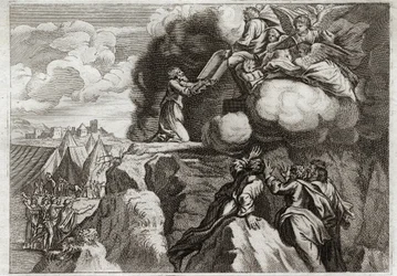 Bíblia de Royaumont, Velho Testamento: As Primeiras Tabelas da Lei. Deus dá a Lei ao seu povo no Monte Sinai. Moisés recebe os 10 Mandamentos das mãos de Deus. Ilustração de 1811.