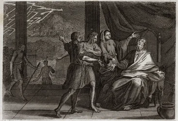 Bíblia de Royaumont, Velho Testamento: Amigos de Jó. Jó ao invés de ser consolado por três príncipes, seus amigos, que vieram vê-lo, não receberam nada além de tristeza porque queriam fazê-lo parecer culpado. Ilustração de 1811.
