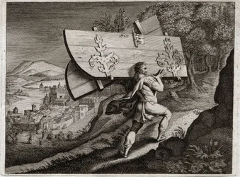 Bíblia de Royaumont, Velho Testamento: Portões de Gaza. Sansão, tranca em Gaza, arranca os portões da cidade. Ilustração de 1811.