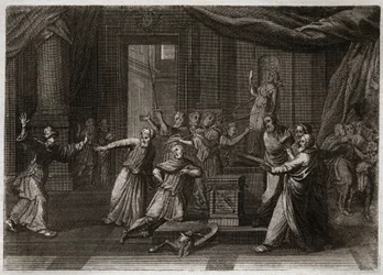 Bíblia de Royaumont, Velho Testamento: Generosita de Matathias. Mathathias (Mattathias), pai dos Maquabé (Macabeus, Macabeus), mata um judeu que se sacrificou aos ídolos por um zele santo da lei de Deus. Ilustração de 1811.
