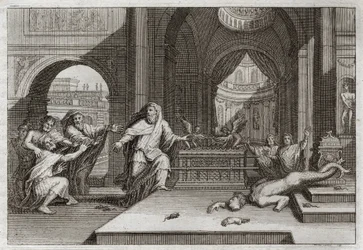 Bíblia de Royaumont, Antigo Testamento: ídolo de Dagon. Quando os filisteus colocaram a arca da aliança no templo junto de Dagon, o seu deus, ela derrubou o ídolo deles e feriu-os a todos com uma grave peste, obrigando-os a mandá-la embora. Ilustração