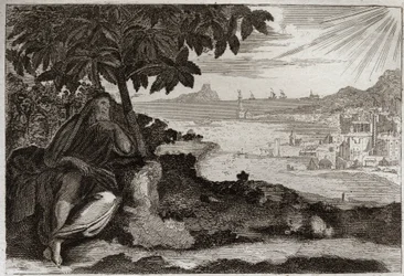 Bíblia de Royaumont, Velho Testamento: A sobremesa de Hera. Deus mostra por um exemplo sensível, ao seu profeta Jonas, o quanto ele ama os homens, e o quanto sofre quando é obrigado a puni-los. Ilustração de 1811.