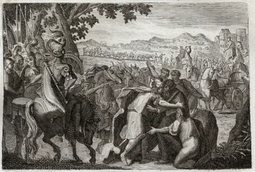 Bíblia de Royaumont, Velho Testamento: Jacob vai para o Egipto. Jacó vai encontrar José com toda a sua família. Ilustração de 1811.