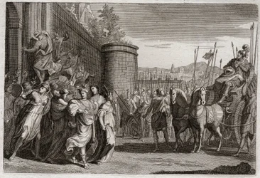 Bíblia de Royaumont, Velho Testamento: Jefté sacrifica a sua filha. Jefté, um dos juízes de Israel, prometeu sacrificar a Deus a primeira pessoa que viria até ele depois de sua vitória contra os amonitas. Era a filha dele. Ilustração de 1811.