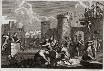 Bíblia de Royaumont, Velho Testamento: Jerusalém rebatie. O Rei Artaxerxes enviou Neemias a Jerusalém com permissão para rebelar todos os seus muros. Ilustração de 1811.