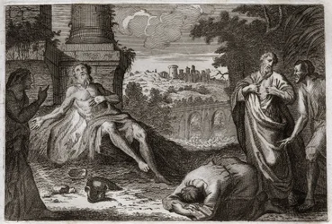 Bíblia de Royaumont, Velho Testamento: Trabalho com estrume. O homem santo Jó é tentado pelo demônio que lhe tira todo o seu bem e todos os seus filhos, e o atinge com uma ferida terrível, e o deixa apenas sua esposa para carregá-lo com impaciência. Ilustr
