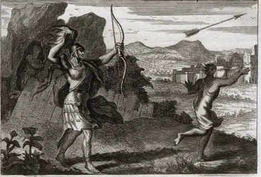 Bíblia de Royaumont, Velho Testamento: Jonathan e David. E quando Jônatas viu o amargo de seu pai, Saul o advertiu para se retirar. Ilustração de 1811.