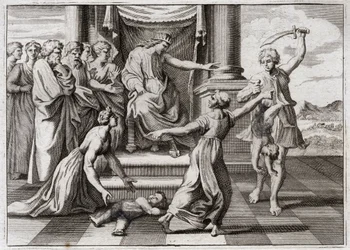 Bíblia de Royaumont, Velho Testamento: O julgamento de Salomão. O famoso julgamento de Salomão entre duas mulheres, para reconhecer qual das duas era a mãe de uma criança, que ambas afirmavam ser ela. Ilustração de 1811.